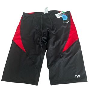 NWT TYR Swimsuit Mens 36 Black Red Orion Jammer Fitted Stretch Drawstring Tie